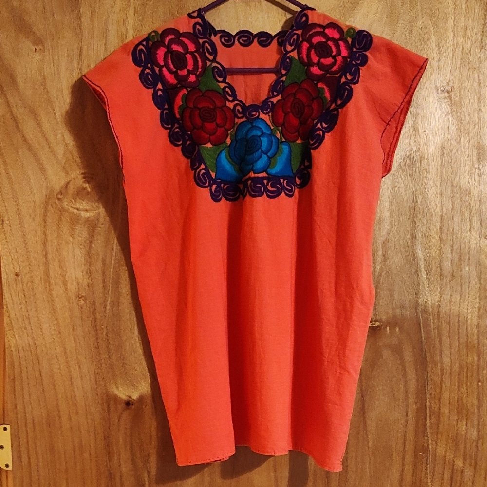 Beautiful Mexican Handmade Womens Top Coral Floral Embroidery Purple Blue L/XL